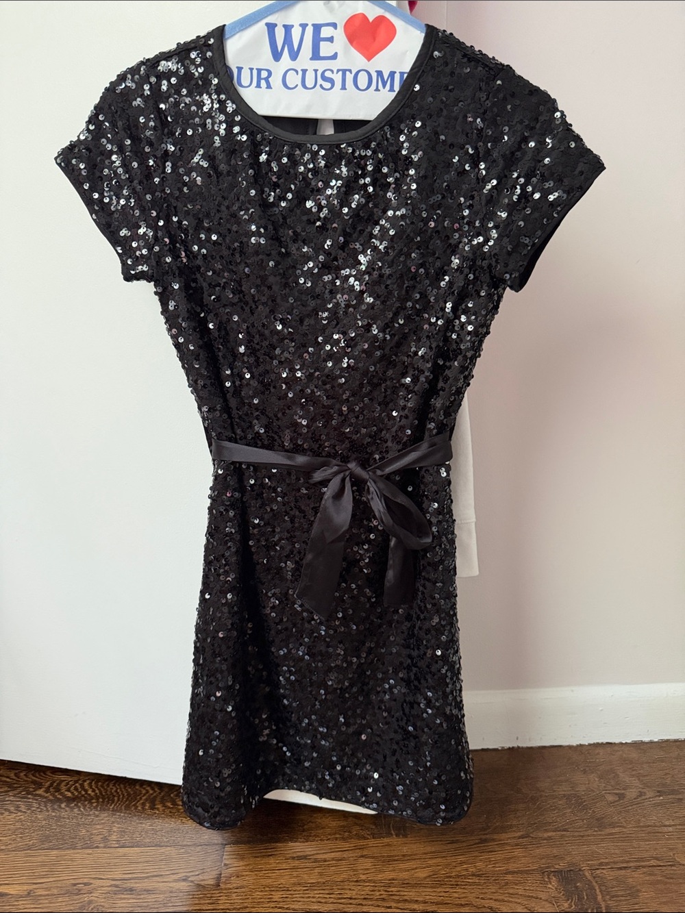 abercrombie kids Black Sequin Short Sleeve Dress with Satin Waist Tie